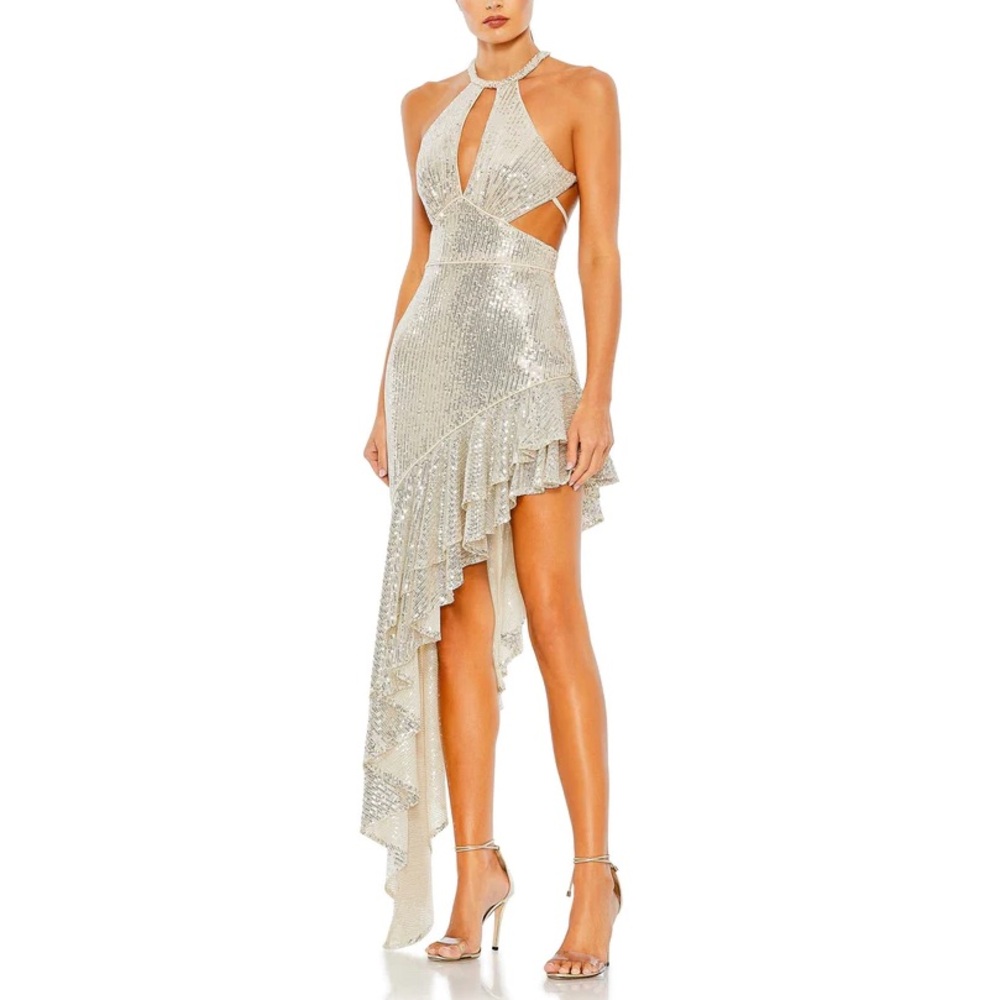 NWT Ieena for Mac Duggal 11274 Nude Sequined Cut Out Asymmetrical Dress - Sz 4